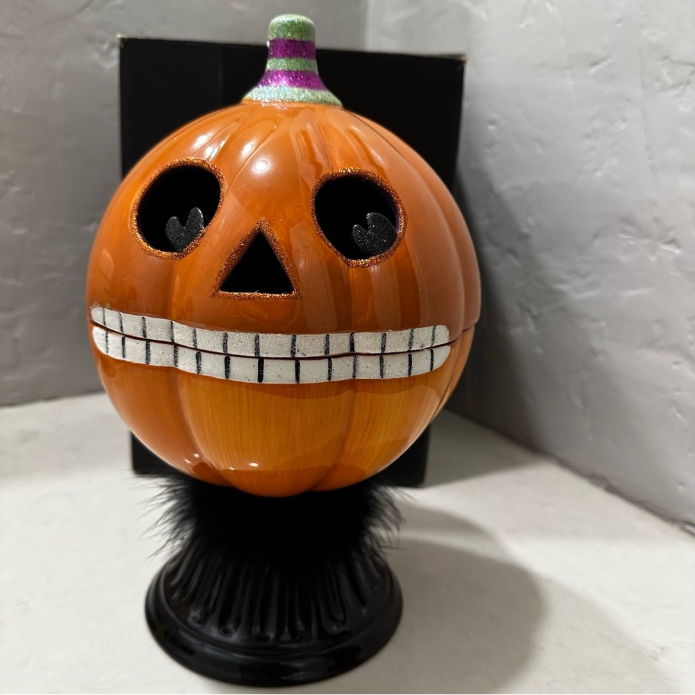 Ceramic Halloween Jack O Lantern Footed Candy Dish Lidded In Box 10.5”